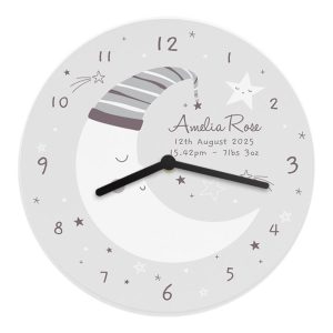 Personalised Moon Wooden Nursery Clock Baby Boy or Girl