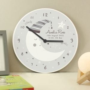 Personalised Moon Wooden Nursery Clock Baby Boy or Girl