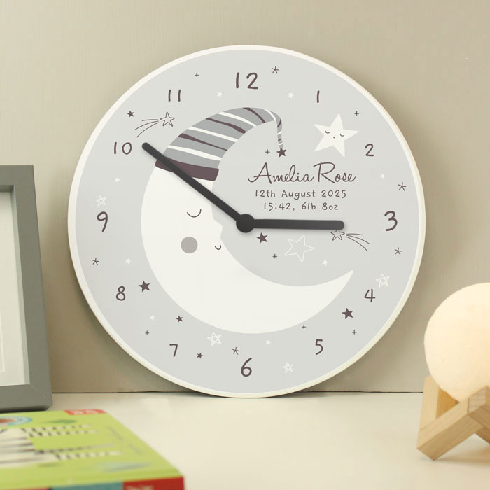 Personalised Moon Wooden Nursery Clock Baby Boy or Girl