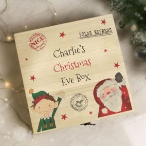 Personalised Wooden Christmas Eve Box Santa And Elf