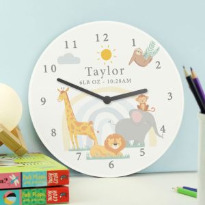 Personalised Safari Animals Wooden Nursery Wall Clock