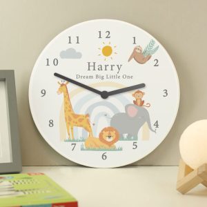 Personalised Safari Animals Wooden Nursery Wall Clock