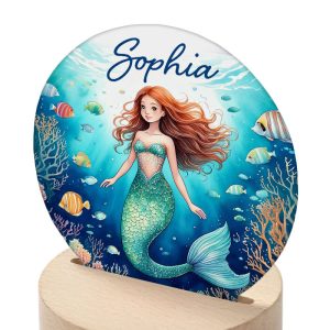 Personalised Girls Mermaid Acrylic and Wood LED Night Light