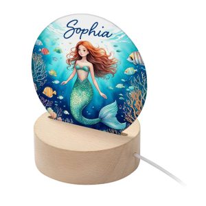Personalised Girls Mermaid Acrylic and Wood LED Night Light