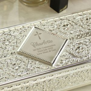 Personalised Engraved Silver Plated Jewellery Box With Cross