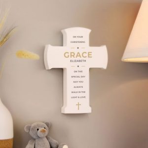 Personalised White Wooden Cross Christening Ornament