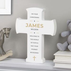 Personalised White Wooden Cross Christening Ornament