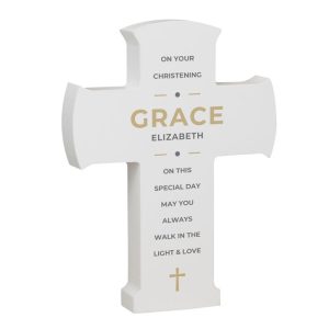 Personalised White Wooden Cross Christening Ornament