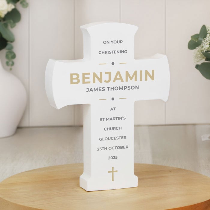 Personalised White Wooden Cross Christening Ornament