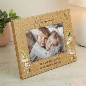 Personalised Floral Bee 6x4 Inch Oak Finish Photo Frame