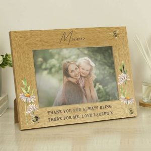 Personalised Floral Bee 6x4 Inch Oak Finish Photo Frame