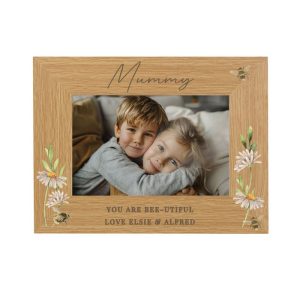 Personalised Floral Bee 6x4 Inch Oak Finish Photo Frame