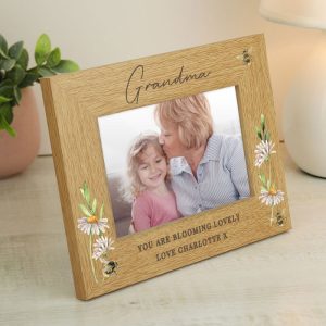 Personalised Floral Bee 6x4 Inch Oak Finish Photo Frame