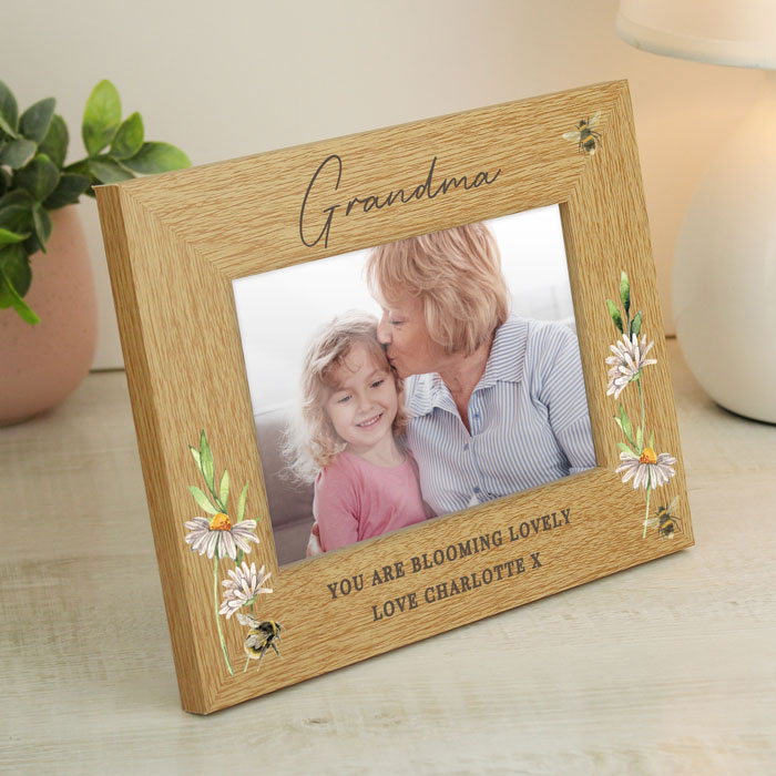 Personalised Floral Bee 6x4 Inch Oak Finish Photo Frame