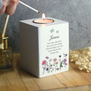 Personalised Wild Flowers Wooden Tealight Holder