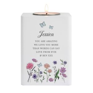 Personalised Wild Flowers Wooden Tealight Holder