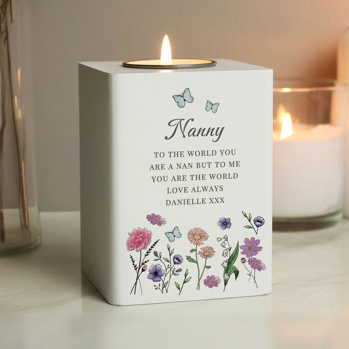 Personalised Wild Flowers Wooden Tealight Holder