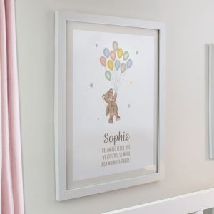 Personalised Teddy Balloon White Poster Framed Baby Print
