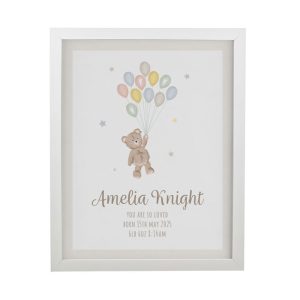Personalised Teddy Balloon White Poster Framed Baby Print