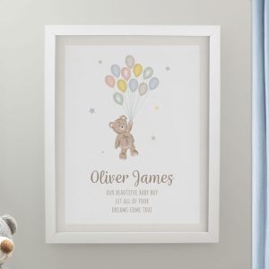 Personalised Teddy Balloon White Poster Framed Baby Print