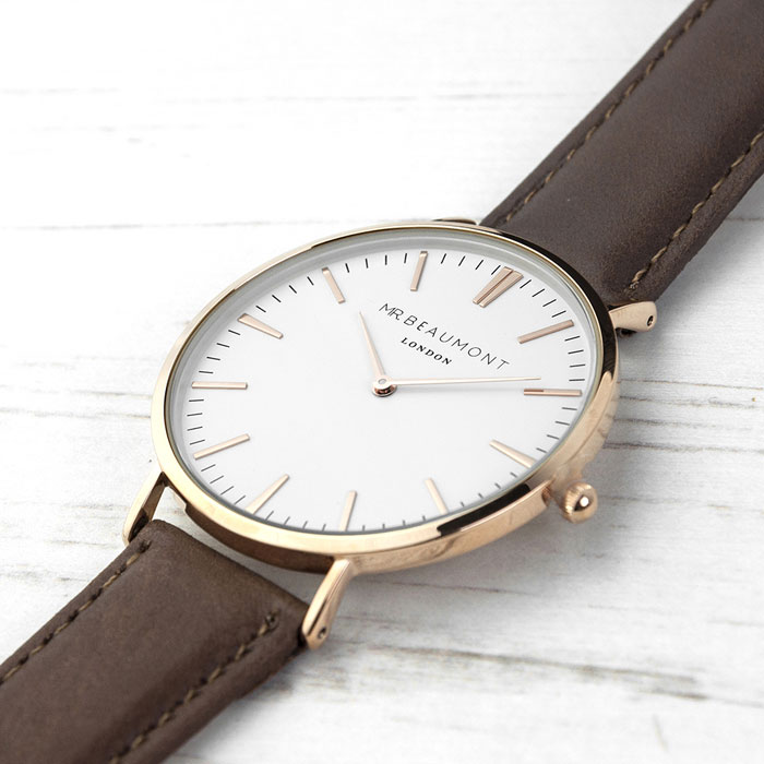 Personalised Mr Beaumont Vintage Mens Leather Watch in Brown