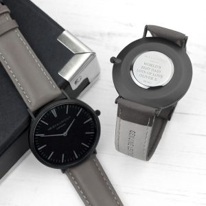 Personalised Mr Beaumont Men's Ash Leather Watch Black Face