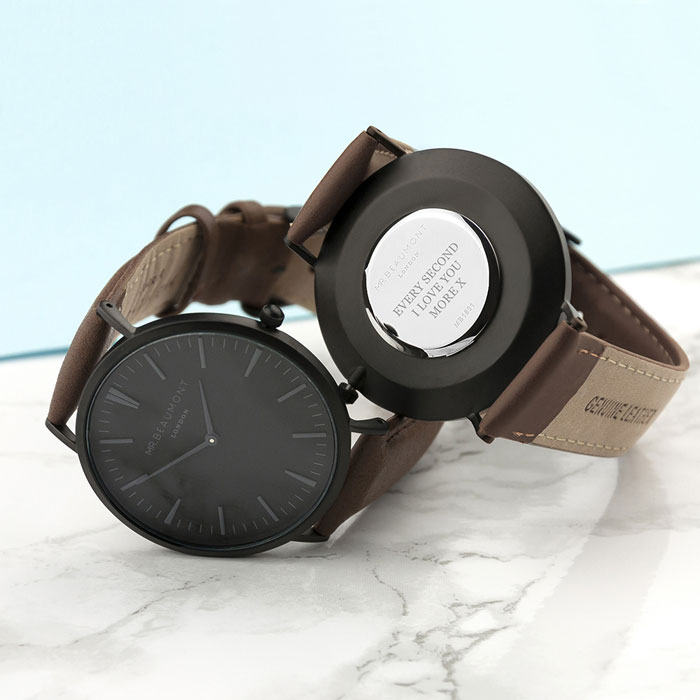 Personalised Mr Beaumont Mens Brown Leather Watch Black Face
