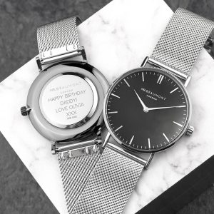 Personalised Men's Metallic Silver Watch With Black Face