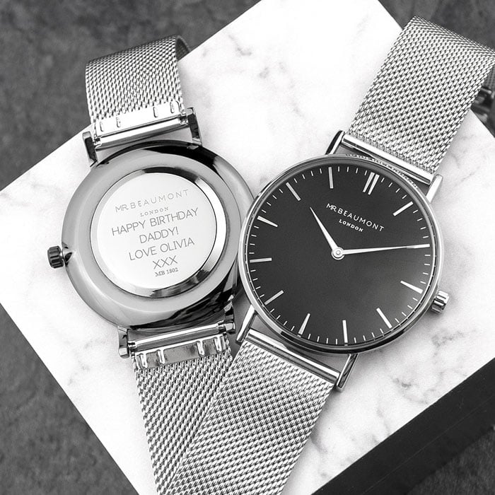 Personalised Men's Metallic Silver Watch With Black Face
