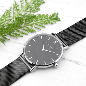 Personalised Men's Metallic Grey Watch With Black Face