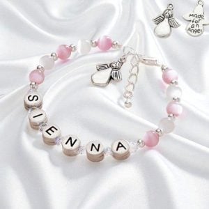 Girl's Pewter Name Bracelet With Angel & Cats Eye Beads