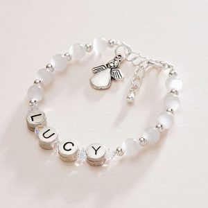 Girl's Pewter Name Bracelet With Angel & Cats Eye Beads