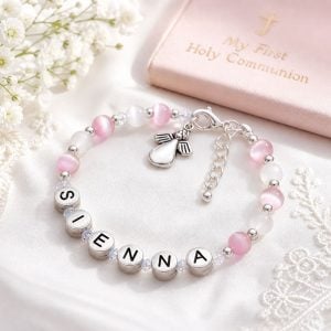 Girl's Pewter Name Bracelet With Angel & Cats Eye Beads