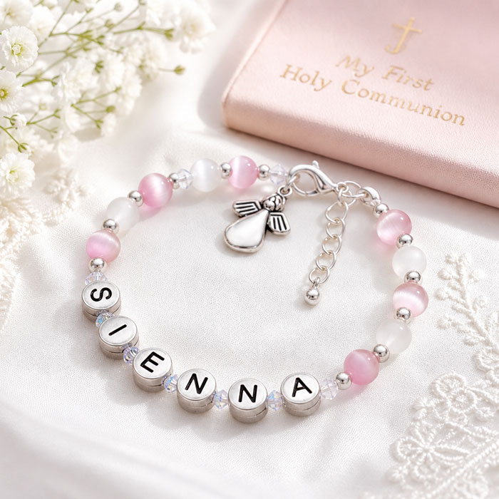 Girl's Pewter Name Bracelet With Angel & Cats Eye Beads