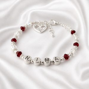 Girl's Custom Pewter Name Bracelet With Birthstones & Heart