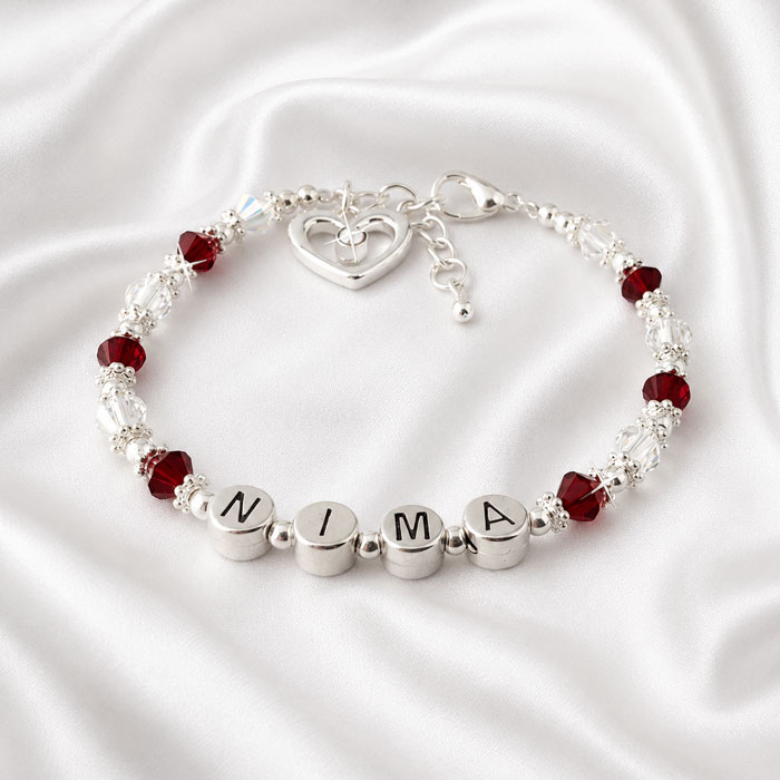 Girl's Custom Pewter Name Bracelet With Birthstones & Heart