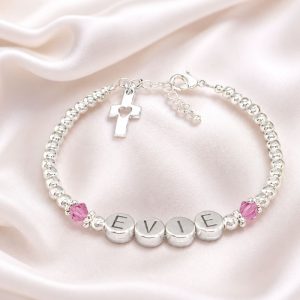 Girl's Custom Pewter Name Bracelet With Birthstones & Cross