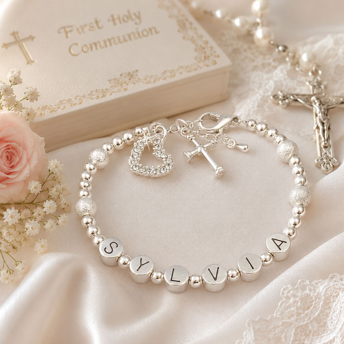 Girl's Pewter Name Bracelet for First Holy Communion