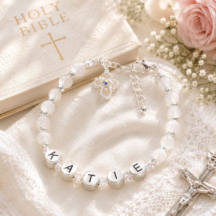 Girl's Personalised Pewter Name Bracelet with Open Cross