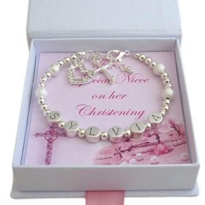 Personalised Pewter Christening Name Bracelet Cross & Heart