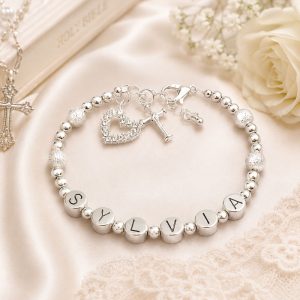 Personalised Pewter Christening Name Bracelet Cross & Heart