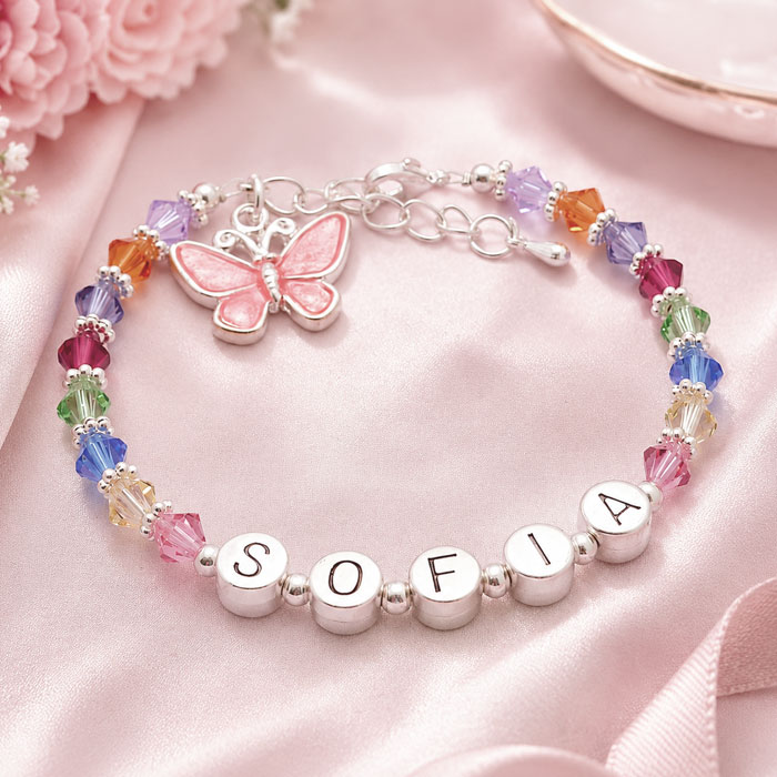 Personalised Name Bracelet With Rainbow Crystals & Butterfly