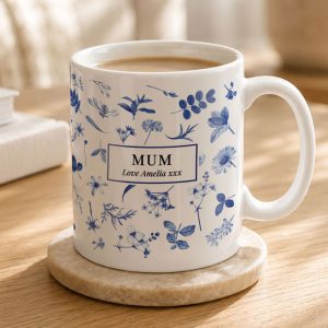 Personalised Blue Floral Ceramic Coffee or Tea Mug