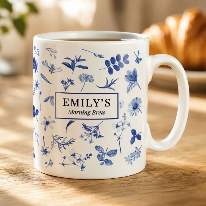 Personalised Blue Floral Ceramic Coffee or Tea Mug