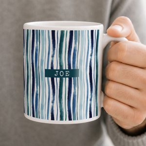 Personalised Blue Striped Ceramic Tea or Coffee Mug