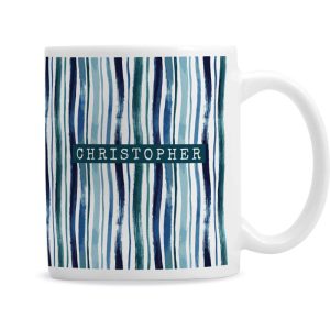 Personalised Blue Striped Ceramic Tea or Coffee Mug