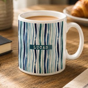 Personalised Blue Striped Ceramic Tea or Coffee Mug