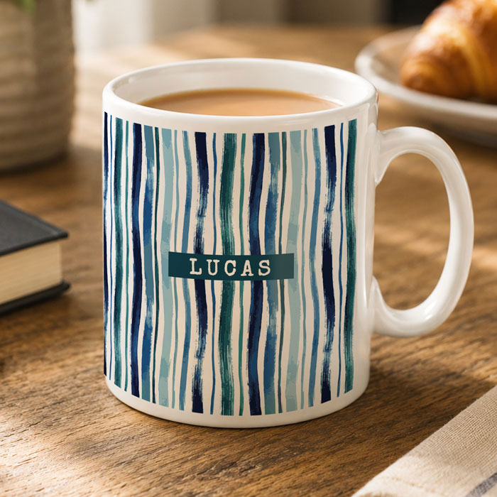 Personalised Blue Striped Ceramic Tea or Coffee Mug