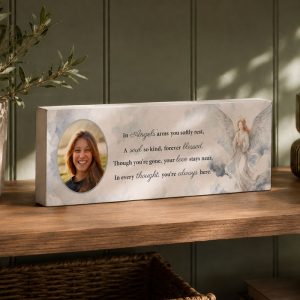 Personalised Memorial Angel Photo Upload Wooden Mantle Block