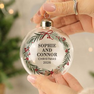 Personalised Red & Green Christmas Wreath Glass Tree Bauble